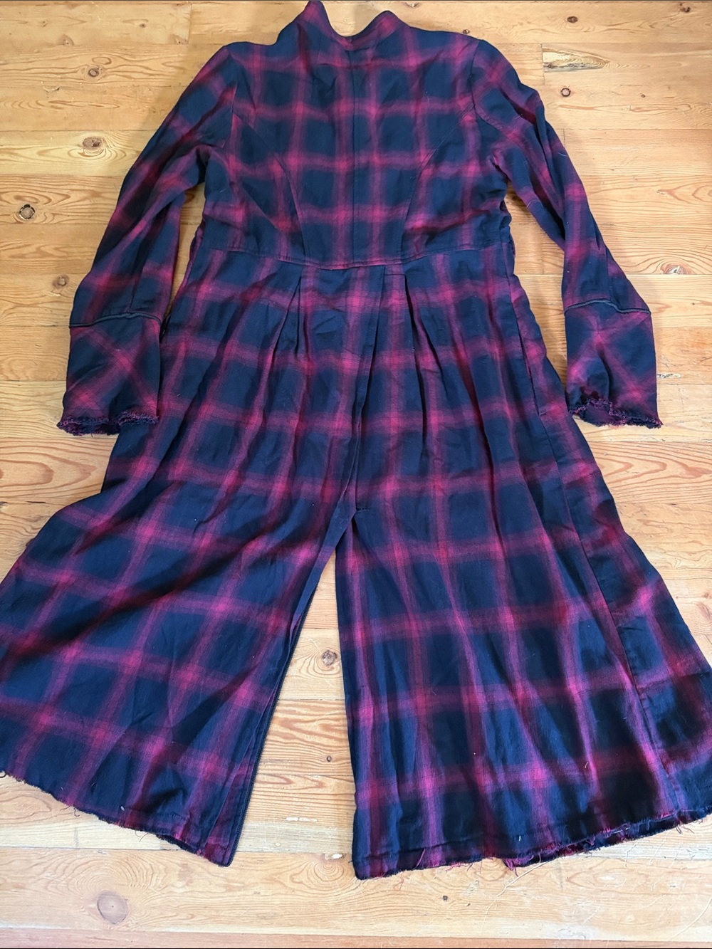 Free People Black and Red Plaid Maxi Coat Dress with Leopard Trim - Picture 6 of 7